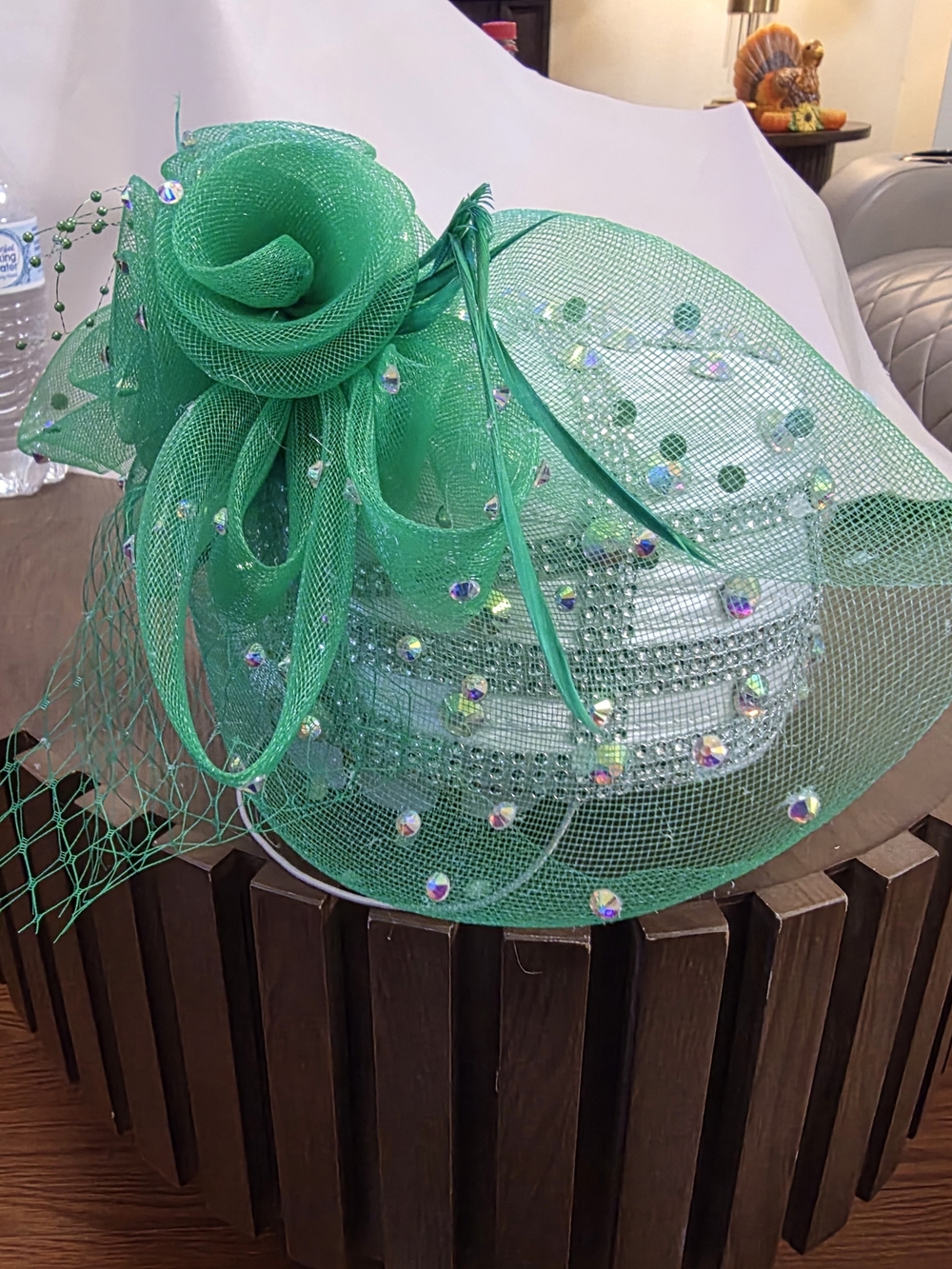 Elegant Green  Pillbox Hat with Crystal Accents Large Bow